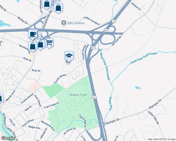 map of restaurants, bars, coffee shops, grocery stores, and more near U.S. 29 in Athens