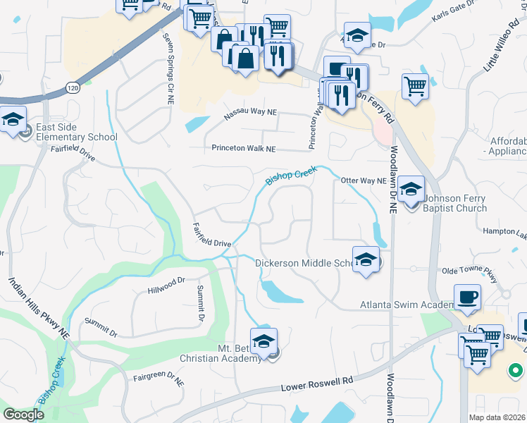 map of restaurants, bars, coffee shops, grocery stores, and more near 890 Chestnut Lake Drive Northeast in Marietta