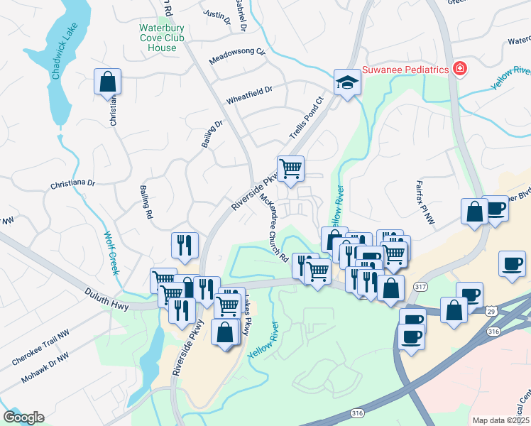 map of restaurants, bars, coffee shops, grocery stores, and more near 1170 McKendree Church Road in Lawrenceville