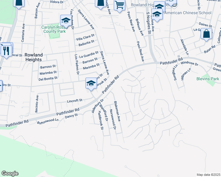 map of restaurants, bars, coffee shops, grocery stores, and more near 18779 Alderbury Drive in Rowland Heights