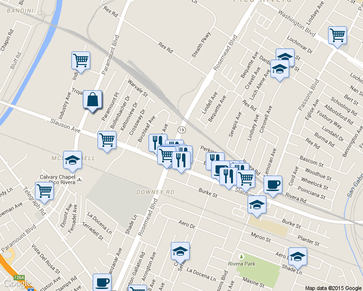 map of restaurants, bars, coffee shops, grocery stores, and more near 9011 Bermudez St in Pico Rivera