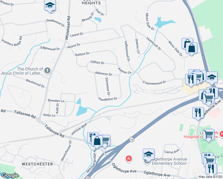 map of restaurants, bars, coffee shops, grocery stores, and more near 175 Devereux Drive in Athens