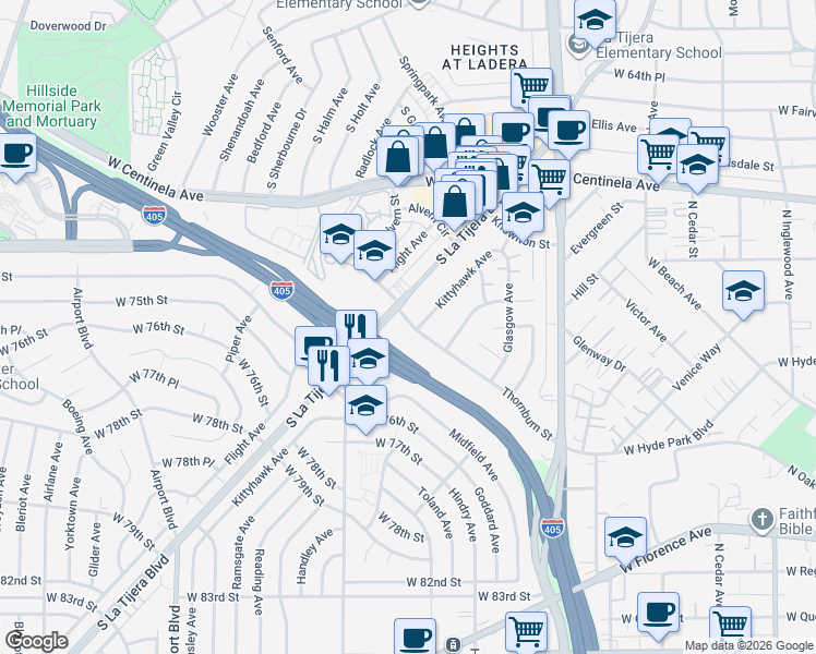 map of restaurants, bars, coffee shops, grocery stores, and more near 5419 1/2 Thornburn Street in Los Angeles