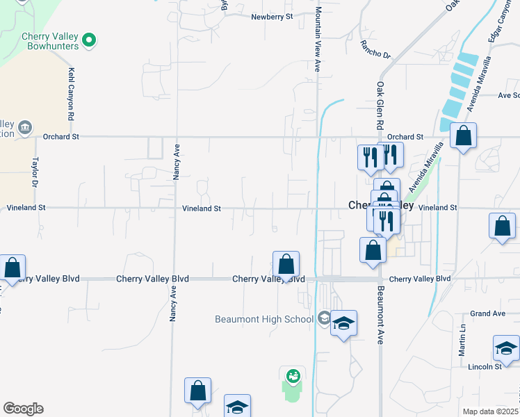 map of restaurants, bars, coffee shops, grocery stores, and more near Vineland Street in Cherry Valley