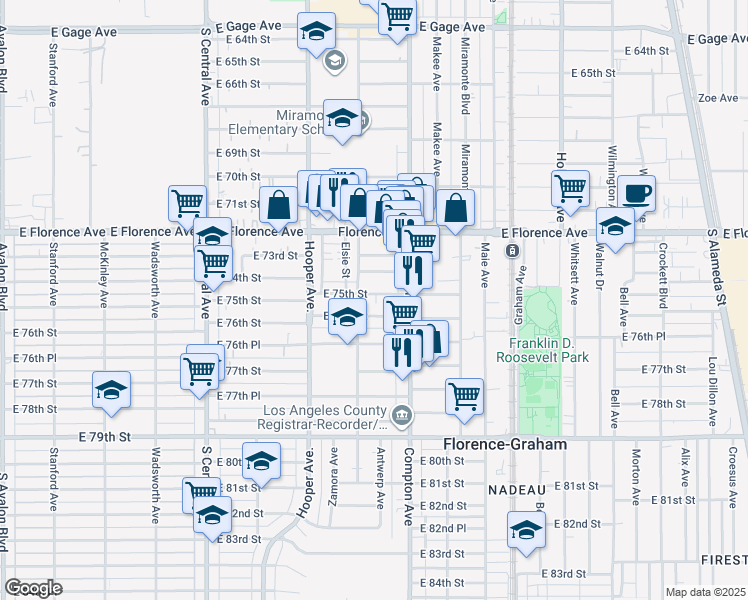 map of restaurants, bars, coffee shops, grocery stores, and more near 1420 East 75th Street in Los Angeles