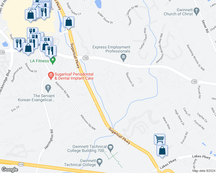 map of restaurants, bars, coffee shops, grocery stores, and more near 2075 Racquet Club Circle Northwest in Lawrenceville