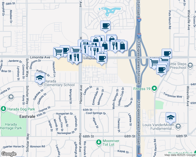 map of restaurants, bars, coffee shops, grocery stores, and more near 6363 Marbella Lane in Eastvale