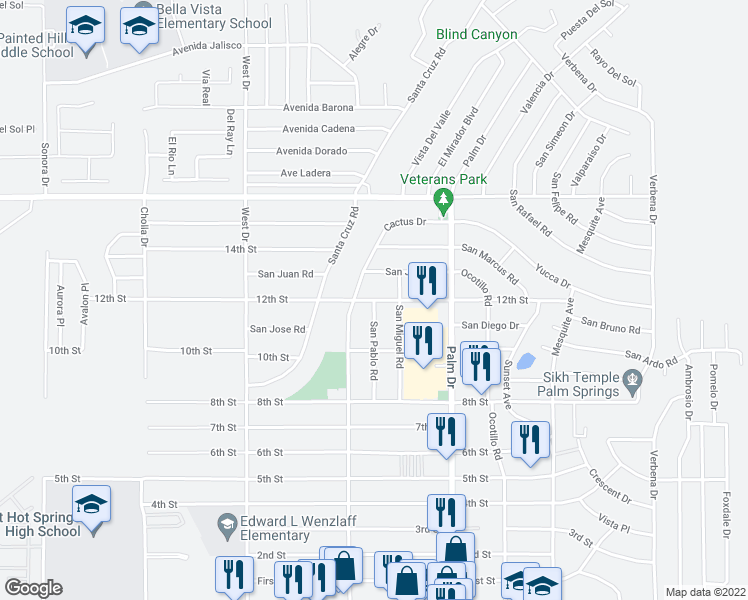 map of restaurants, bars, coffee shops, grocery stores, and more near 12th Street in Desert Hot Springs