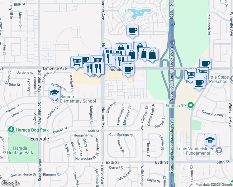 map of restaurants, bars, coffee shops, grocery stores, and more near in Eastvale
