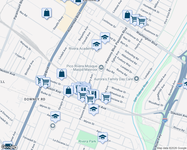 map of restaurants, bars, coffee shops, grocery stores, and more near 7525 Kilgarry Avenue in Pico Rivera