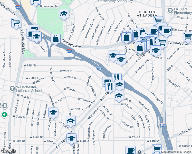 map of restaurants, bars, coffee shops, grocery stores, and more near 5754 West 74th Street in Los Angeles