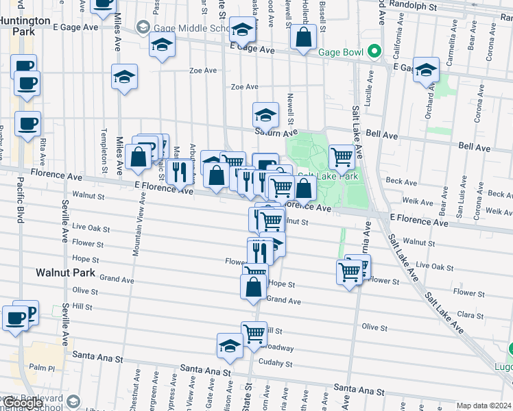map of restaurants, bars, coffee shops, grocery stores, and more near 3208 East Florence Avenue in Huntington Park