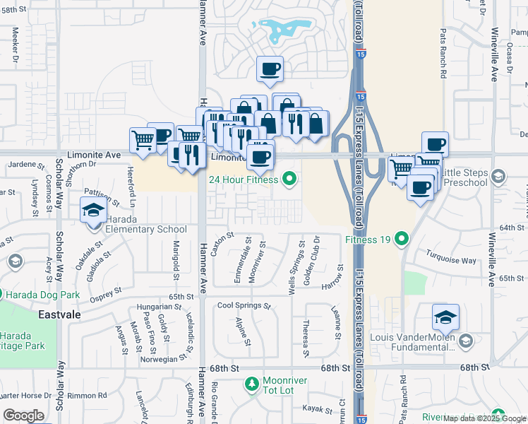 map of restaurants, bars, coffee shops, grocery stores, and more near 12456 Cassiopeia Court in Eastvale