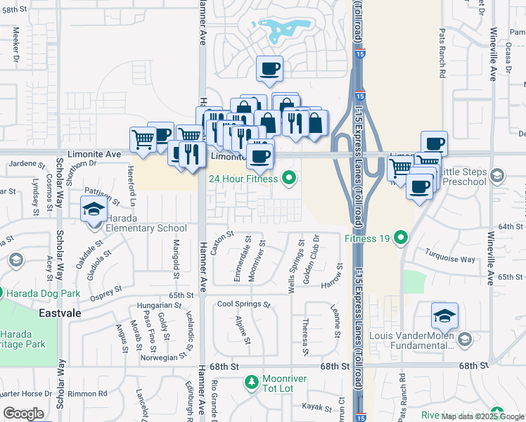 map of restaurants, bars, coffee shops, grocery stores, and more near 12456 Cassiopeia Court in Eastvale