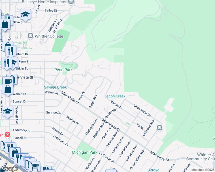 map of restaurants, bars, coffee shops, grocery stores, and more near 14084 Bronte Drive in Whittier