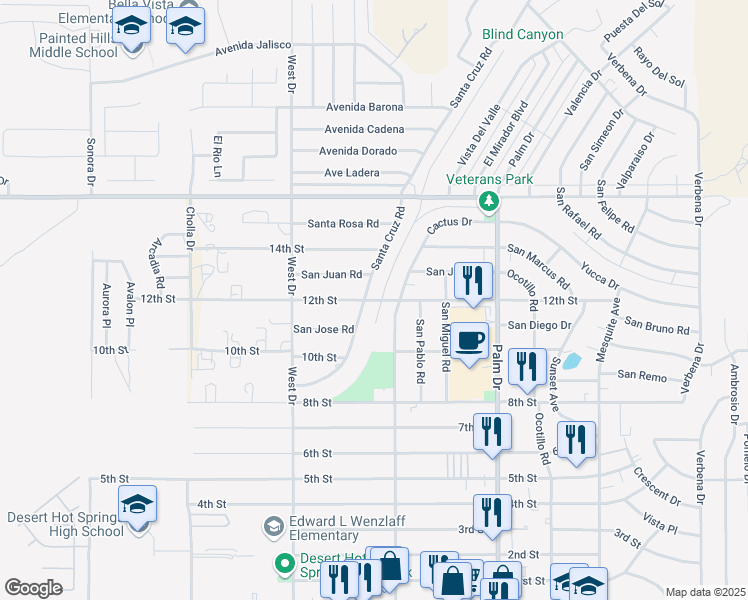 map of restaurants, bars, coffee shops, grocery stores, and more near 12th Street in Desert Hot Springs