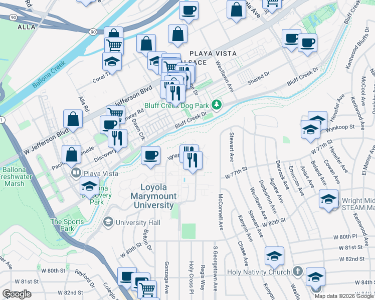map of restaurants, bars, coffee shops, grocery stores, and more near Whelan Lane in Los Angeles