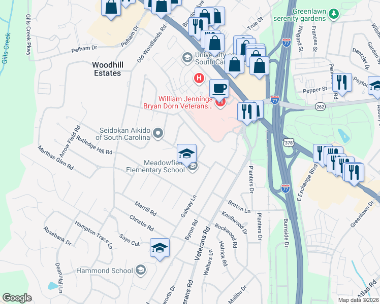 map of restaurants, bars, coffee shops, grocery stores, and more near 6527 Olde Knight Parkway in Columbia