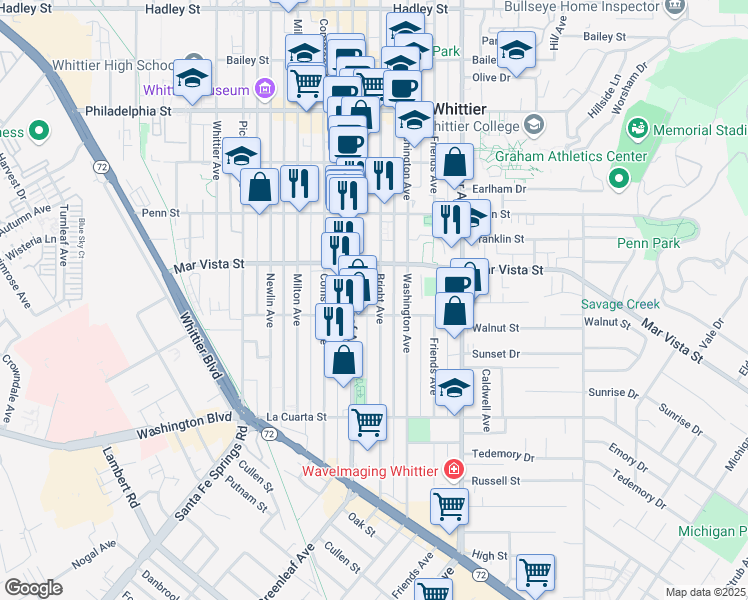 map of restaurants, bars, coffee shops, grocery stores, and more near 7641 Bright Avenue in Whittier