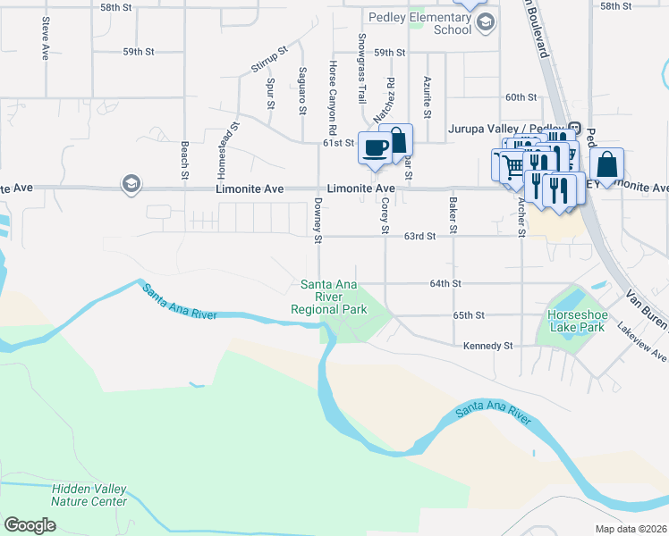 map of restaurants, bars, coffee shops, grocery stores, and more near 9291 64th Street in Riverside