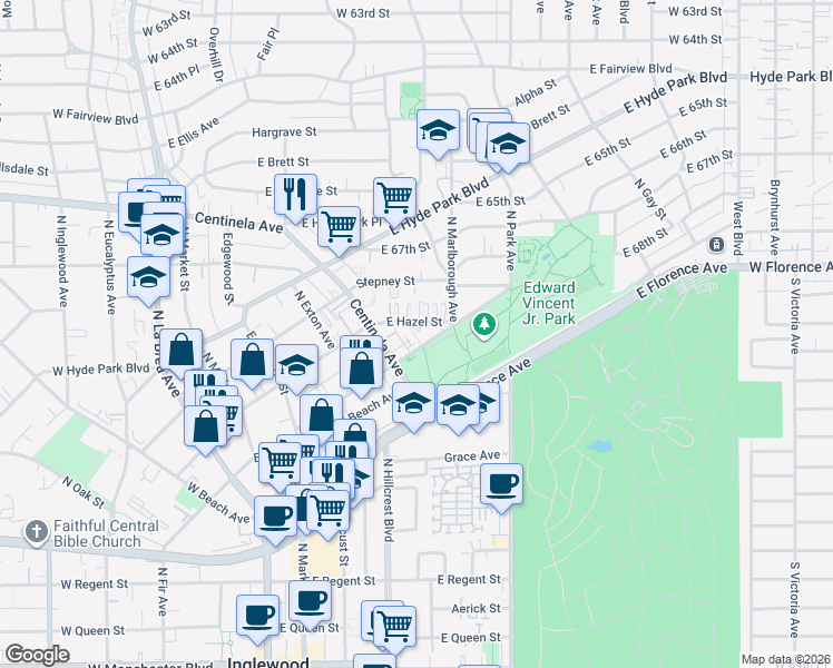 map of restaurants, bars, coffee shops, grocery stores, and more near 534 East Hazel Street in Inglewood