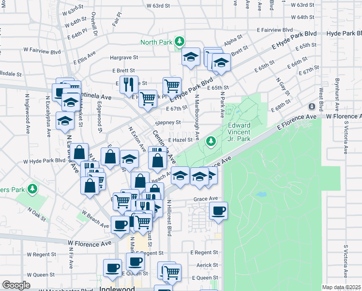 map of restaurants, bars, coffee shops, grocery stores, and more near 534 East Hazel Street in Inglewood