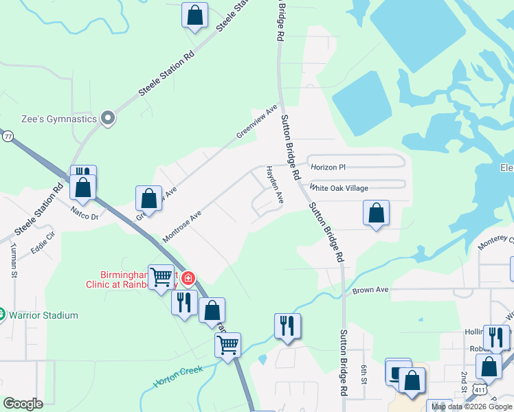map of restaurants, bars, coffee shops, grocery stores, and more near 333 Autumnwood Lane in Rainbow City