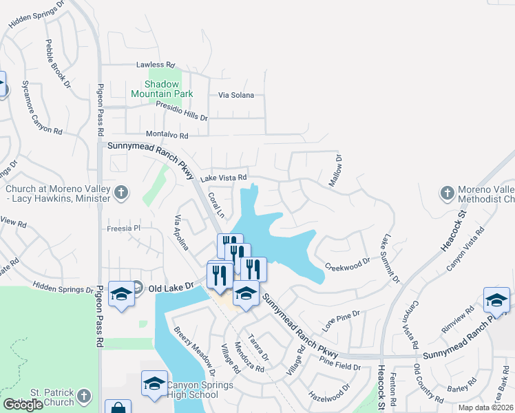 map of restaurants, bars, coffee shops, grocery stores, and more near 23623 Narcissus Circle in Moreno Valley