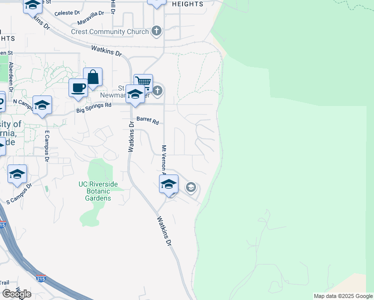 map of restaurants, bars, coffee shops, grocery stores, and more near 170 East Broadbent Drive in Riverside