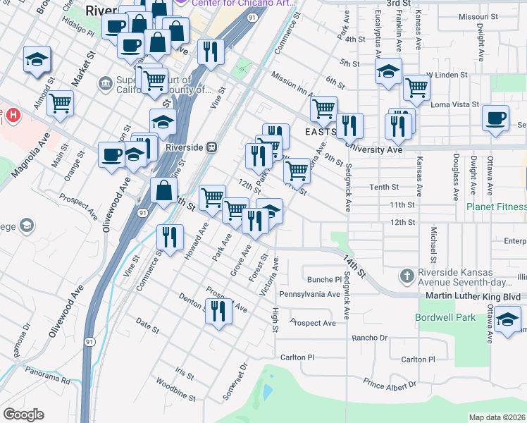 map of restaurants, bars, coffee shops, grocery stores, and more near 2727 13th Street in Riverside