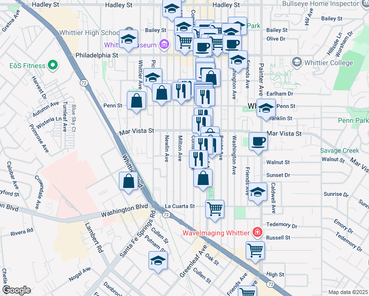 map of restaurants, bars, coffee shops, grocery stores, and more near 7668 Milton Avenue in Whittier