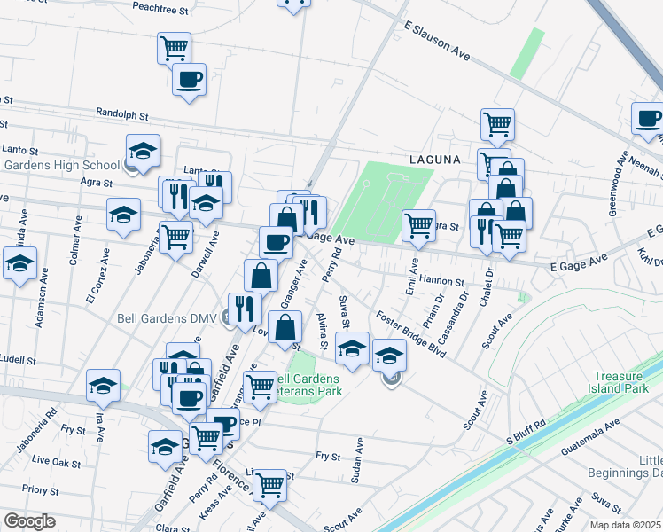 map of restaurants, bars, coffee shops, grocery stores, and more near in Bell Gardens