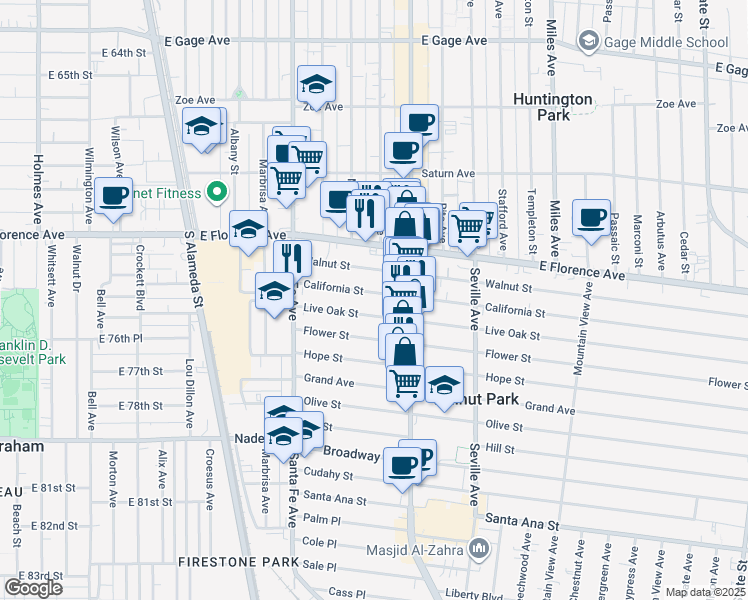map of restaurants, bars, coffee shops, grocery stores, and more near 2523 Live Oak Street in Huntington Park