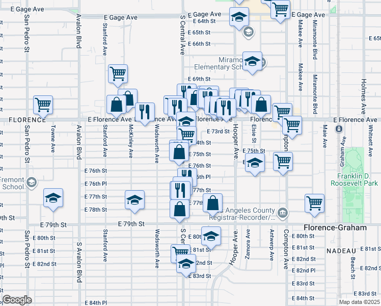 map of restaurants, bars, coffee shops, grocery stores, and more near 1130 East 75th Street in Los Angeles