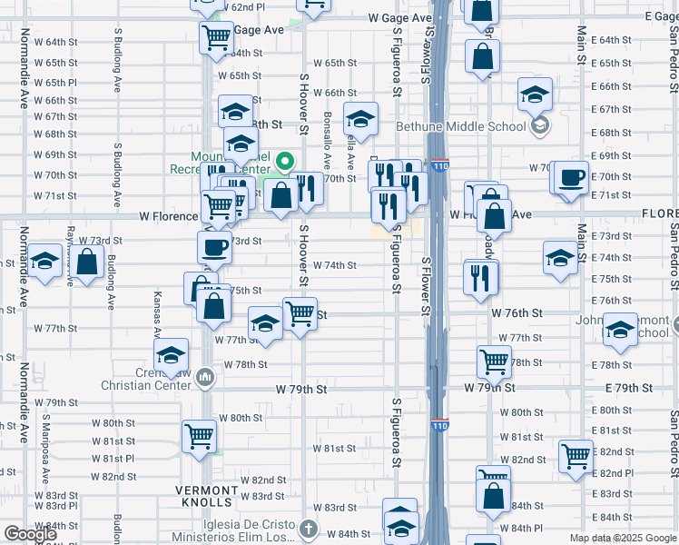 map of restaurants, bars, coffee shops, grocery stores, and more near 701 West 75th Street in Los Angeles