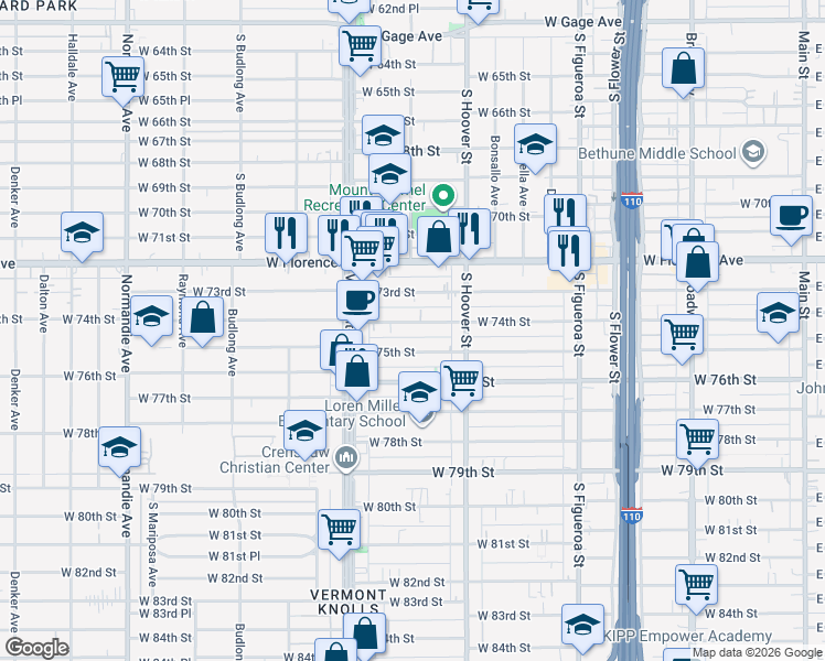 map of restaurants, bars, coffee shops, grocery stores, and more near 837 West 75th Street in Los Angeles