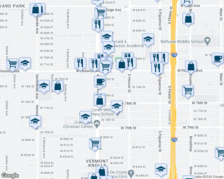 map of restaurants, bars, coffee shops, grocery stores, and more near 921 West 75th Street in Los Angeles