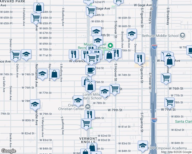 map of restaurants, bars, coffee shops, grocery stores, and more near 921 West 75th Street in Los Angeles