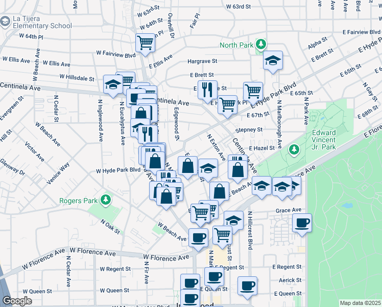 map of restaurants, bars, coffee shops, grocery stores, and more near 308 Stepney Street in Inglewood