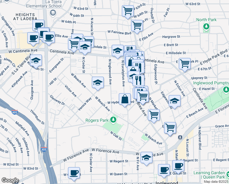 map of restaurants, bars, coffee shops, grocery stores, and more near 718 North Inglewood Avenue in Inglewood