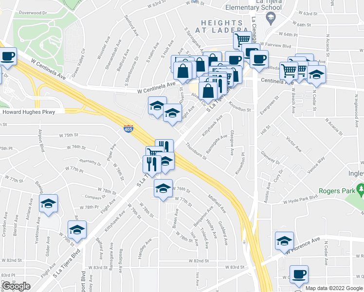 map of restaurants, bars, coffee shops, grocery stores, and more near 5522 Thornburn Street in Los Angeles