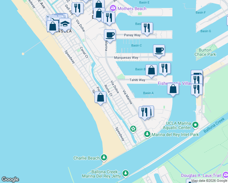 map of restaurants, bars, coffee shops, grocery stores, and more near 120 Outrigger Mall in Marina del Rey