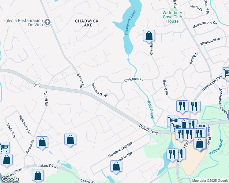 map of restaurants, bars, coffee shops, grocery stores, and more near 1354 Yorktown Drive Northwest in Lawrenceville