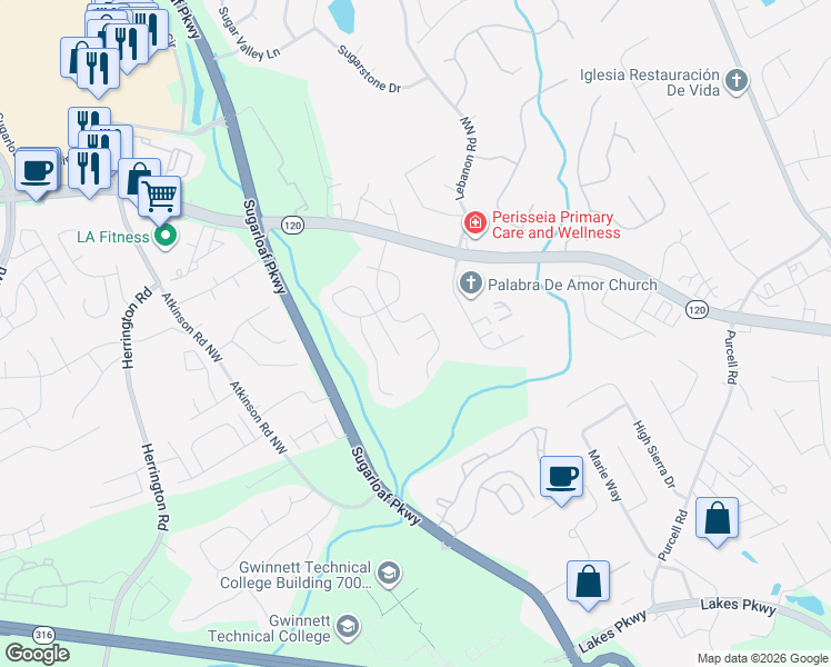 map of restaurants, bars, coffee shops, grocery stores, and more near 1582 Dehaven Court in Lawrenceville