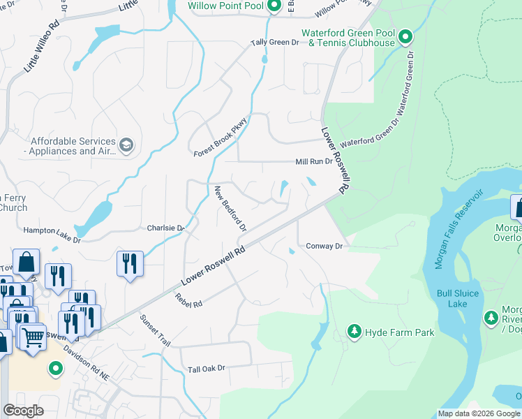 map of restaurants, bars, coffee shops, grocery stores, and more near 909 Forest Pond Drive in Marietta