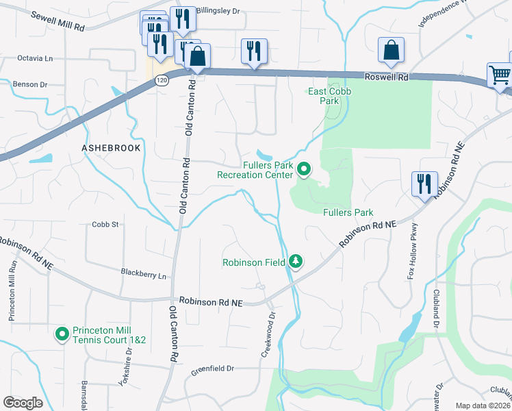 map of restaurants, bars, coffee shops, grocery stores, and more near 3210 Royal Oak Drive in Marietta