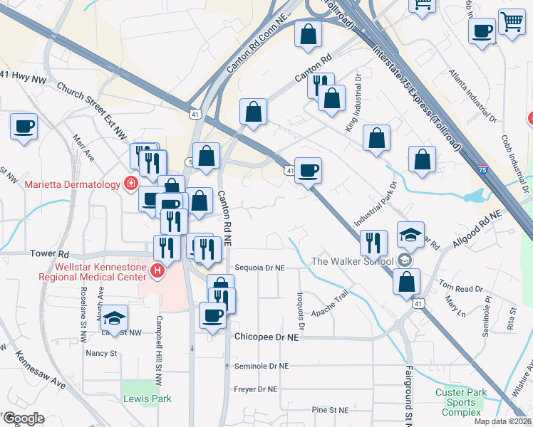 map of restaurants, bars, coffee shops, grocery stores, and more near 830 Caldwell Circle in Marietta