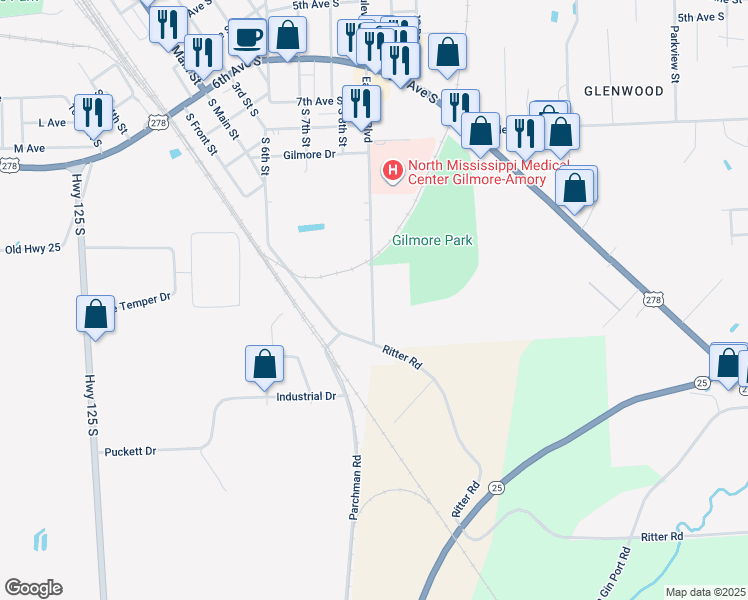 map of restaurants, bars, coffee shops, grocery stores, and more near 1168-1214 Earl Frye Boulevard in Amory