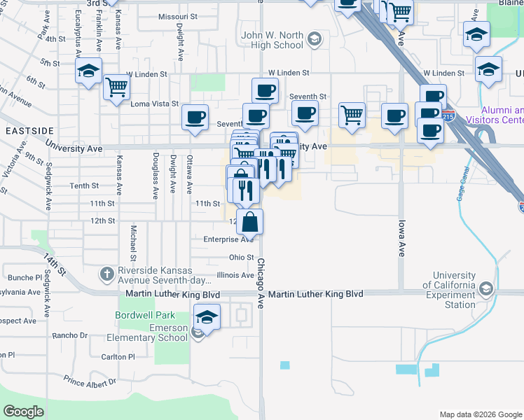 map of restaurants, bars, coffee shops, grocery stores, and more near in Riverside