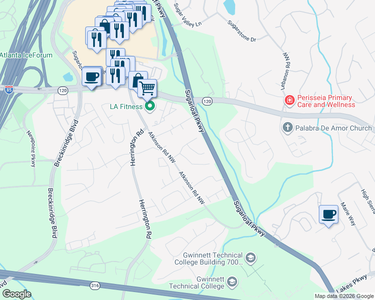 map of restaurants, bars, coffee shops, grocery stores, and more near 1724 Crestfield Lane Northwest in Lawrenceville